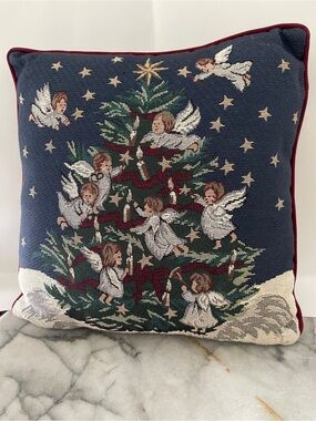Fashion Christmas Tapestry Pillow in Blue, Gold, Christmas  Tree & Angels 15”